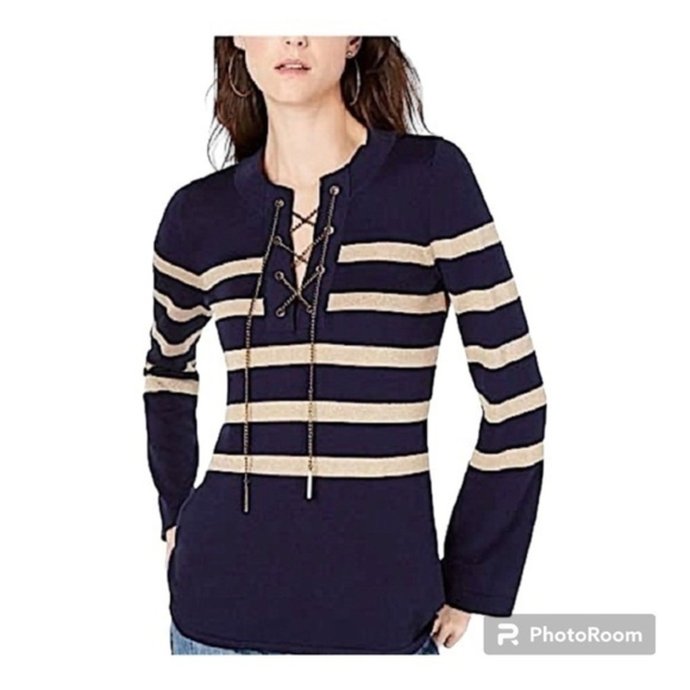 Michael Kors dark navy & gold metallic stripe sweater size S